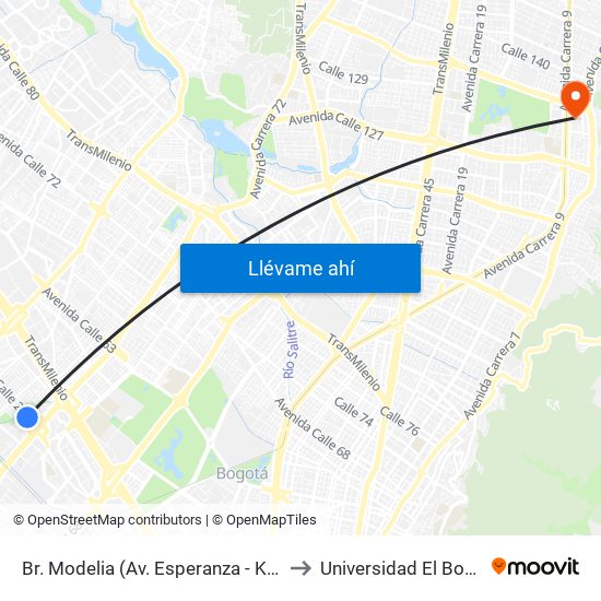 Br. Modelia (Av. Esperanza - Kr 72b) to Universidad El Bosque map