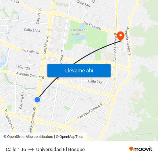 Calle 106 to Universidad El Bosque map