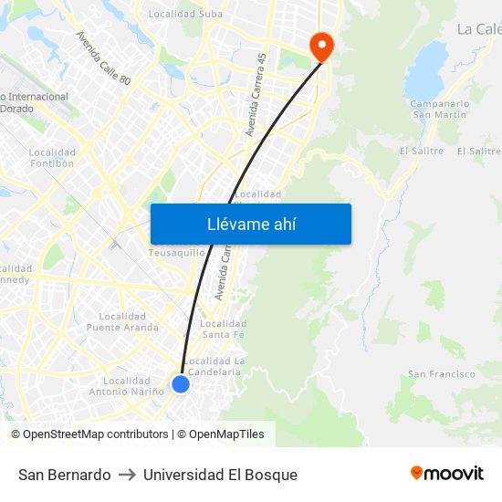 San Bernardo to Universidad El Bosque map