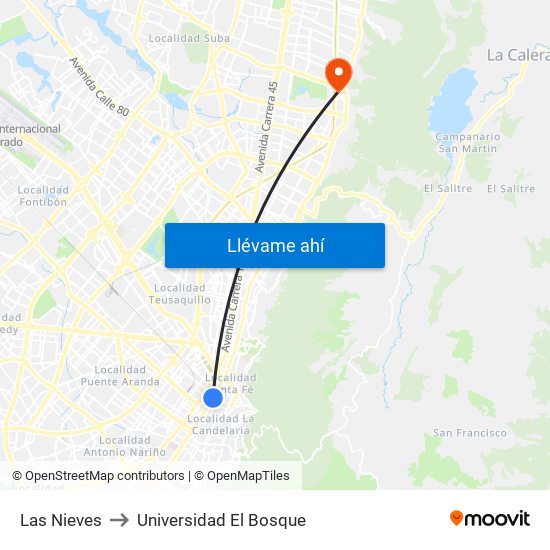 Las Nieves to Universidad El Bosque map