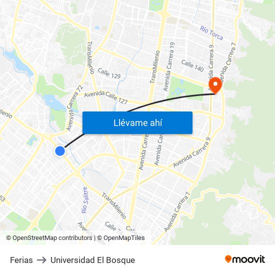 Ferias to Universidad El Bosque map