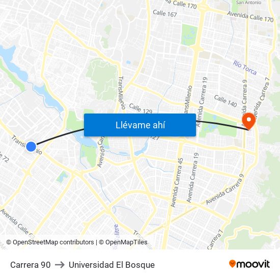 Carrera 90 to Universidad El Bosque map