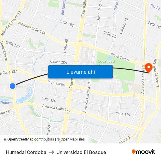 Humedal Córdoba to Universidad El Bosque map
