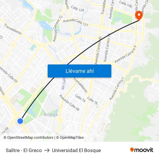 Salitre - El Greco to Universidad El Bosque map