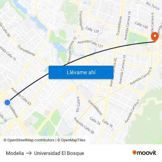 Modelia to Universidad El Bosque map