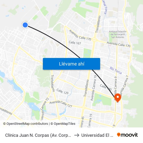 Clínica Juan N. Corpas (Av. Corpas - Cl 159a) to Universidad El Bosque map