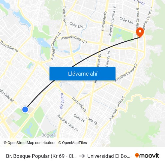 Br. Bosque Popular (Kr 69 - Cl 63a) to Universidad El Bosque map