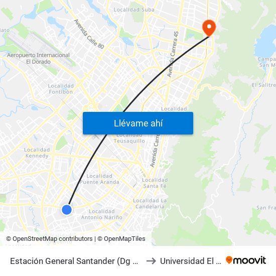 Estación General Santander (Dg 39a Sur - Tv 42) to Universidad El Bosque map
