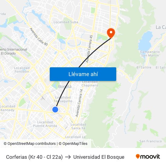 Corferias (Kr 40 - Cl 22a) to Universidad El Bosque map