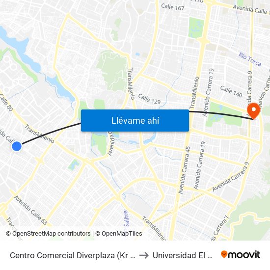 Centro Comercial Diverplaza (Kr 96 - Cl 71c) to Universidad El Bosque map