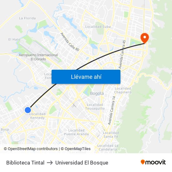 Biblioteca Tintal to Universidad El Bosque map