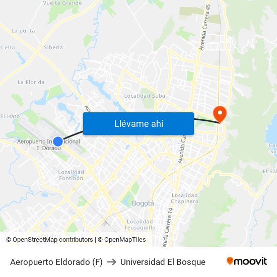 Aeropuerto Eldorado (F) to Universidad El Bosque map