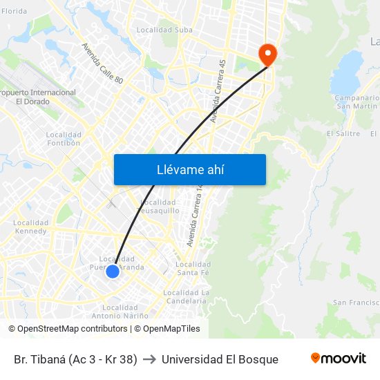 Br. Tibaná (Ac 3 - Kr 38) to Universidad El Bosque map