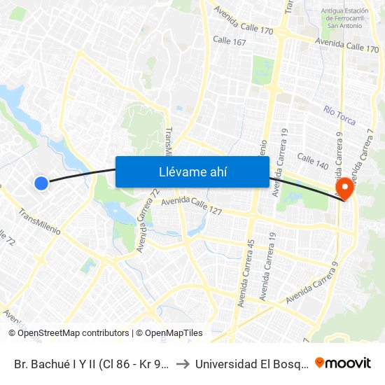 Br. Bachué I Y II (Cl 86 - Kr 95f) to Universidad El Bosque map