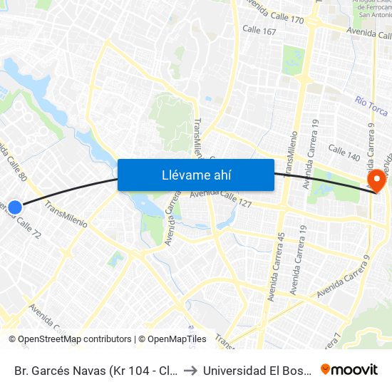 Br. Garcés Navas (Kr 104 - Cl 73) to Universidad El Bosque map