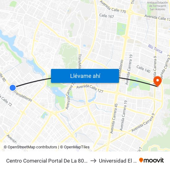 Centro Comercial Portal De La 80 (Ac 80 - Kr 99) to Universidad El Bosque map