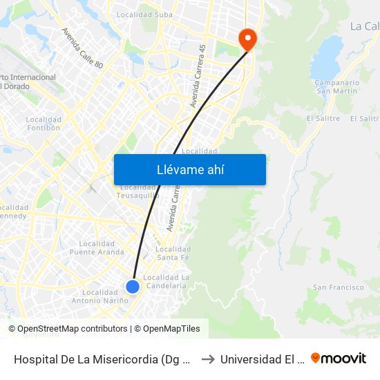 Hospital De La Misericordia (Dg 2 - Av. Caracas) to Universidad El Bosque map