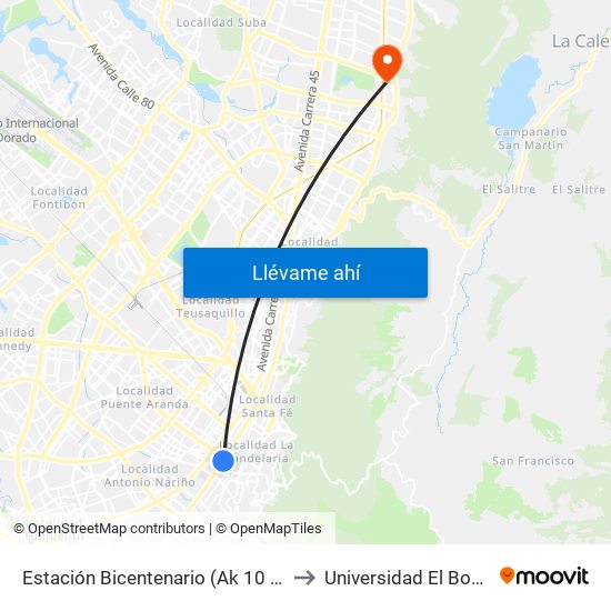 Estación Bicentenario (Ak 10 - Cl 4) to Universidad El Bosque map