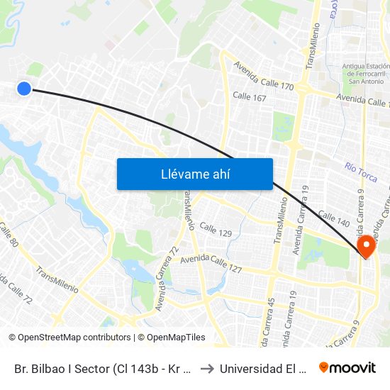 Br. Bilbao I Sector (Cl 143b - Kr 141a Bis B) to Universidad El Bosque map