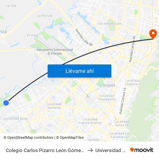 Colegio Carlos Pizarro León Gómez (Cl 73 Sur - Kr 103) to Universidad El Bosque map