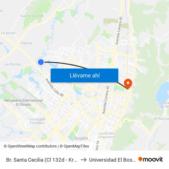 Br. Santa Cecilia (Cl 132d - Kr 158) to Universidad El Bosque map