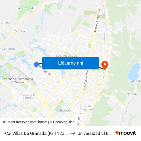Cai Villas De Granada (Kr 112a - Cl 77c) to Universidad El Bosque map