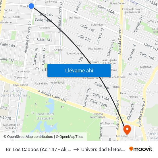 Br. Los Caobos (Ac 147 - Ak 19) to Universidad El Bosque map