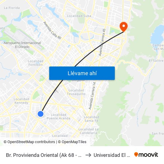 Br. Provivienda Oriental (Ak 68 - Cl 11 Sur) (A) to Universidad El Bosque map
