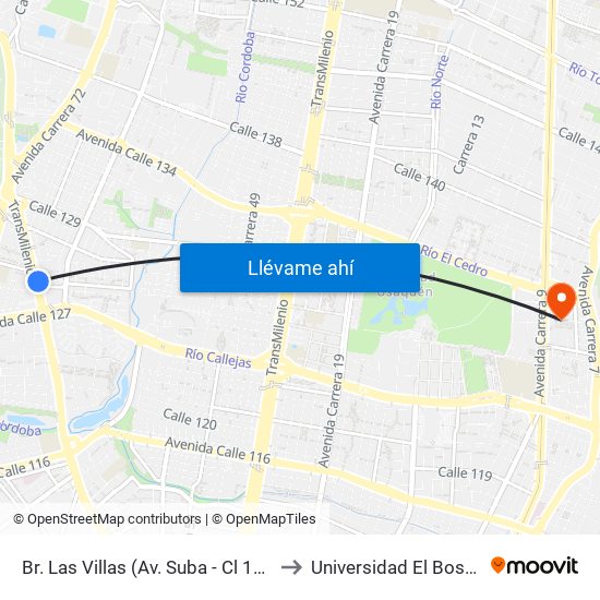 Br. Las Villas (Av. Suba - Cl 127d) to Universidad El Bosque map