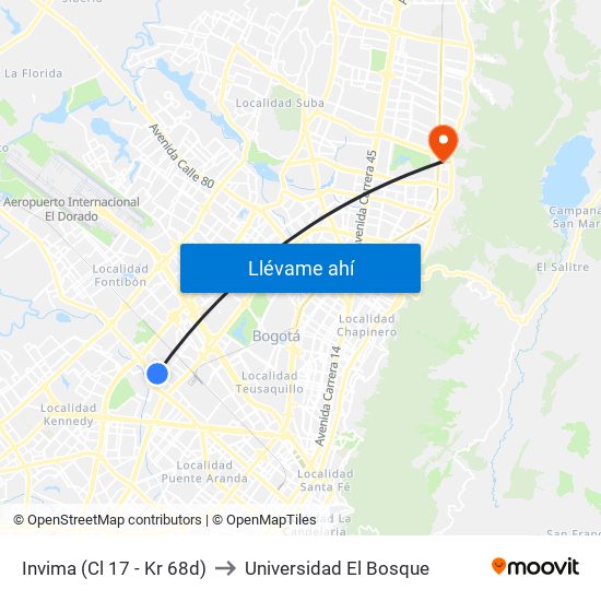 Invima (Cl 17 - Kr 68d) to Universidad El Bosque map