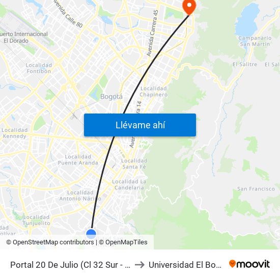 Portal 20 De Julio (Cl 32 Sur - Kr 3f) to Universidad El Bosque map