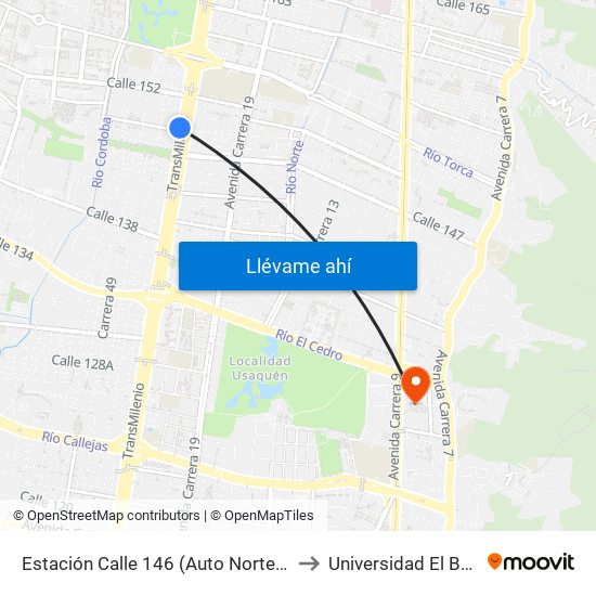 Estación Calle 146 (Auto Norte - Cl 150) to Universidad El Bosque map