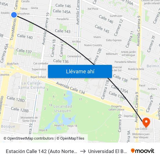 Estación Calle 142 (Auto Norte - Cl 144) to Universidad El Bosque map
