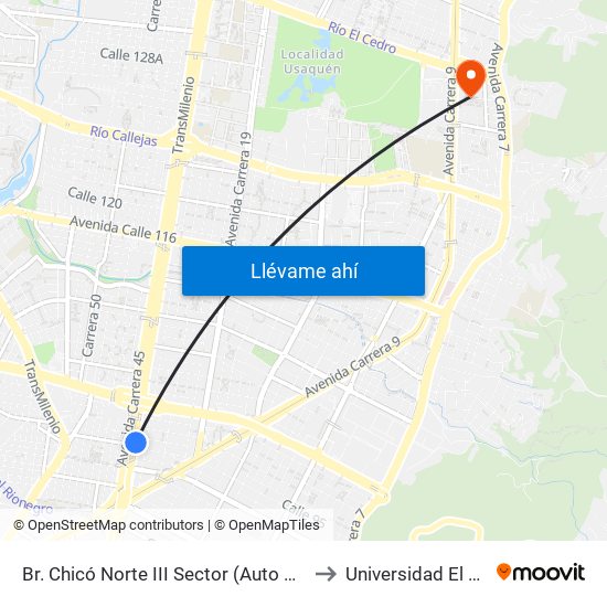 Br. Chicó Norte III Sector (Auto Norte - Cl 95) to Universidad El Bosque map