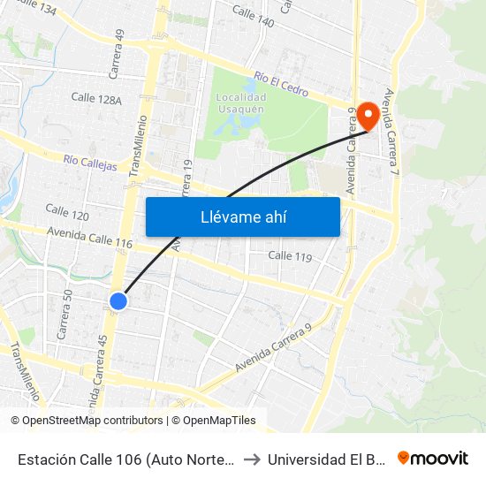 Estación Calle 106 (Auto Norte - Cl 105) to Universidad El Bosque map