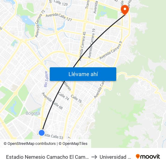 Estadio Nemesio Camacho El Campín (Av. NQS - Cl 53) to Universidad El Bosque map