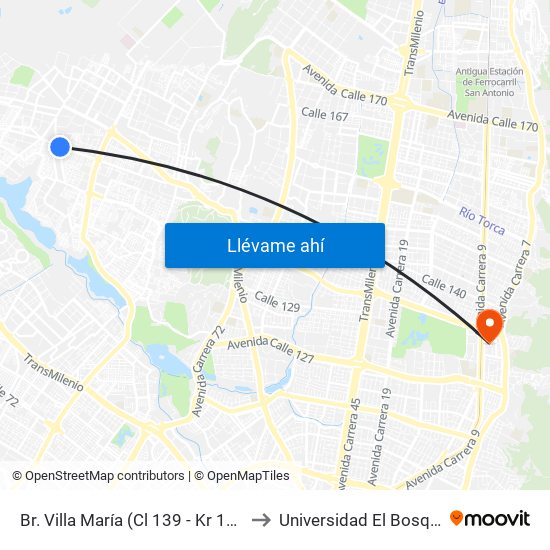 Br. Villa María (Cl 139 - Kr 114) to Universidad El Bosque map