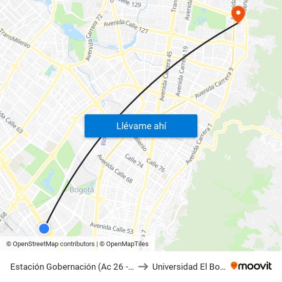 Estación Gobernación (Ac 26 - Kr 51) to Universidad El Bosque map