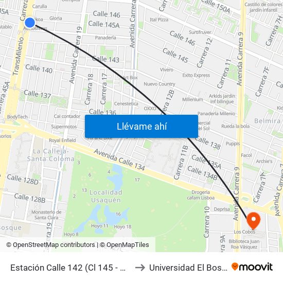 Estación Calle 142 (Cl 145 - Kr 21) to Universidad El Bosque map
