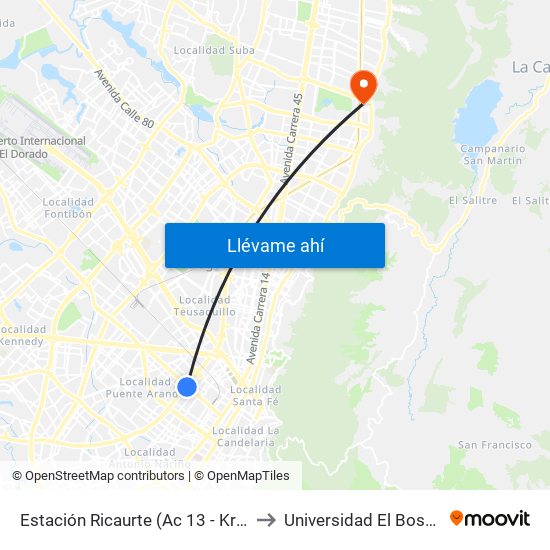 Estación Ricaurte (Ac 13 - Kr 29) to Universidad El Bosque map