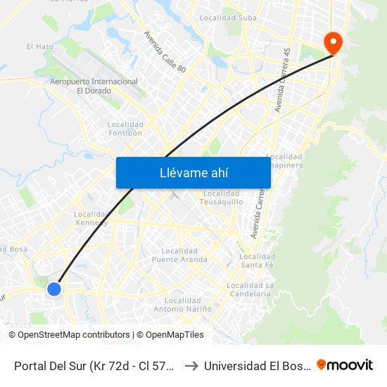 Portal Del Sur (Kr 72d - Cl 57k Sur) to Universidad El Bosque map
