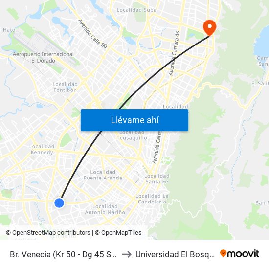 Br. Venecia (Kr 50 - Dg 45 Sur) to Universidad El Bosque map