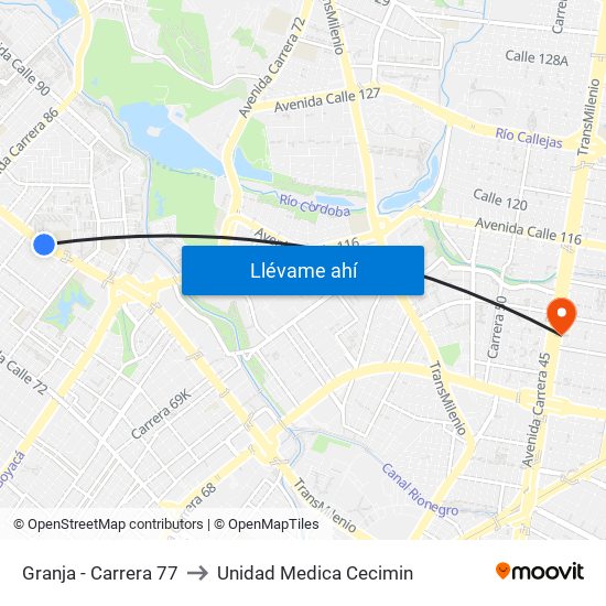 Granja - Carrera 77 to Unidad Medica Cecimin map