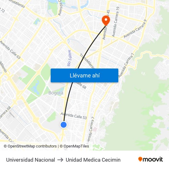 Universidad Nacional to Unidad Medica Cecimin map