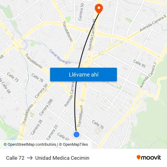 Calle 72 to Unidad Medica Cecimin map