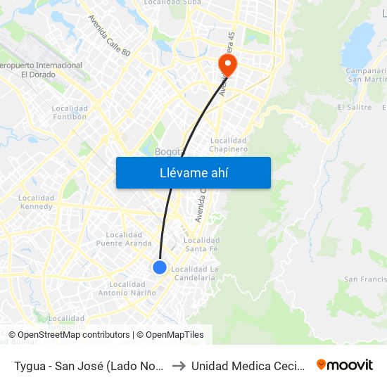 Tygua - San José (Lado Norte) to Unidad Medica Cecimin map