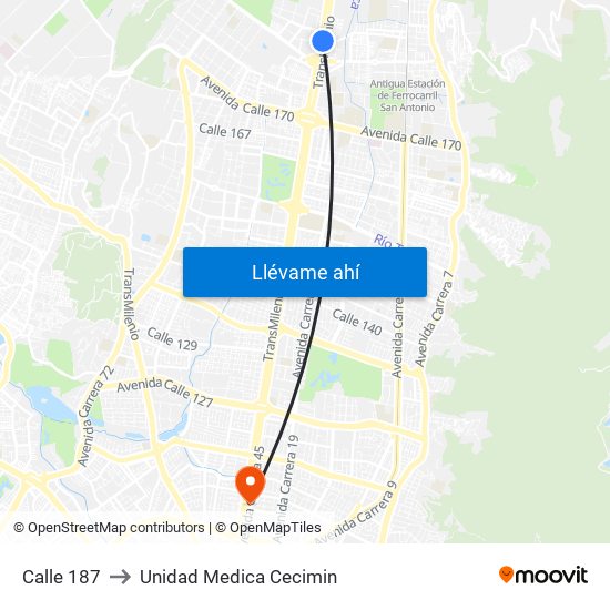 Calle 187 to Unidad Medica Cecimin map