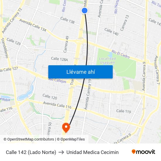 Calle 142 (Lado Norte) to Unidad Medica Cecimin map