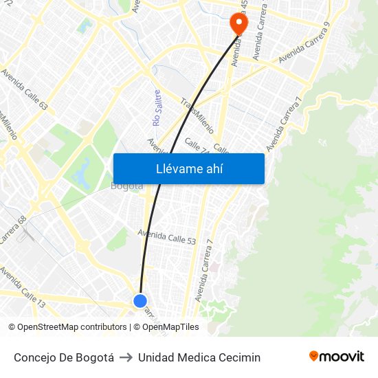 Concejo De Bogotá to Unidad Medica Cecimin map