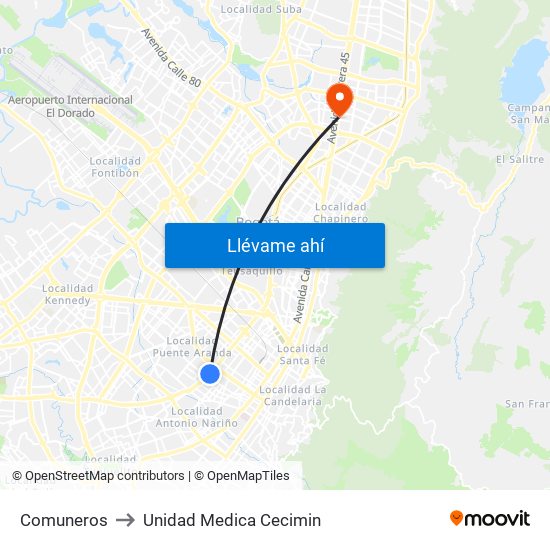 Comuneros to Unidad Medica Cecimin map